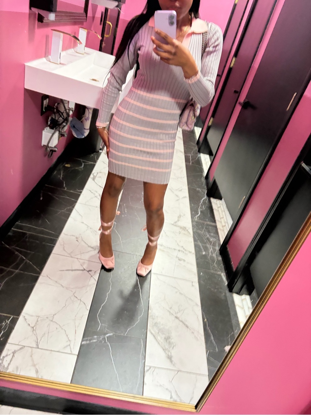 Striped Ribbed Knit Bodycon Dress in Light Pink and Grey